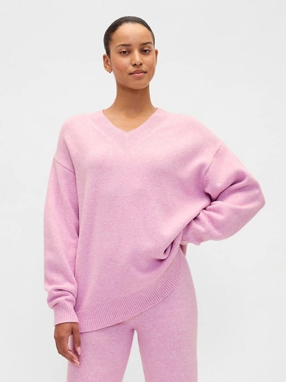 Gap Cashsoft Soft Cozy Oversized V Neck Sweater Sugar Pink Womens M new nwt